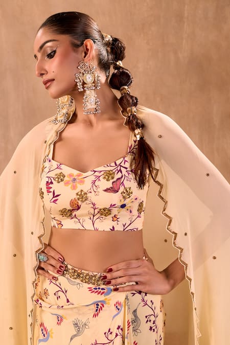 Shop_Mehak Murpana X AZA_Ivory Crepe, Georgette Embroidery Sweetheart Neck Floral Print Draped Skirt Set 