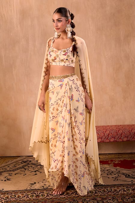 Mehak Murpana X AZA_Ivory Crepe, Georgette Embroidery Sweetheart Neck Floral Print Draped Skirt Set _Online_at_Aza_Fashions