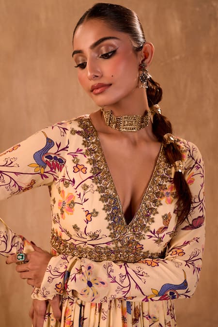 Mehak Murpana X AZA_Ivory Crepe, Georgette Embroidery V-neck Floral Print Anarkali With Dupatta _at_Aza_Fashions