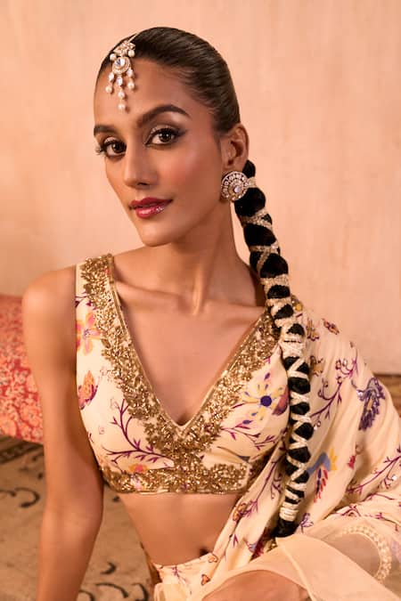 Buy_Mehak Murpana X AZA_Ivory Crepe, Organza Embroidery Printed Pre-draped Ruffle Saree With Blouse _Online_at_Aza_Fashions