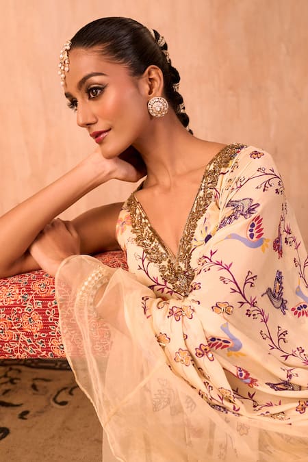 Shop_Mehak Murpana X AZA_Ivory Crepe, Organza Embroidery Printed Pre-draped Ruffle Saree With Blouse _Online_at_Aza_Fashions