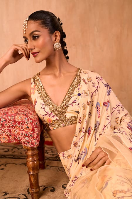 Mehak Murpana X AZA_Ivory Crepe, Organza Embroidery Printed Pre-draped Ruffle Saree With Blouse _at_Aza_Fashions