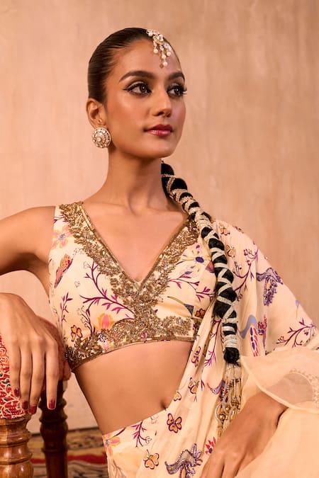 Buy_Mehak Murpana X AZA_Ivory Crepe, Organza Embroidery Printed Pre-draped Ruffle Saree With Blouse 