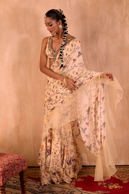Shop_Mehak Murpana X AZA_Ivory Crepe, Organza Embroidery Printed Pre-draped Ruffle Saree With Blouse 
