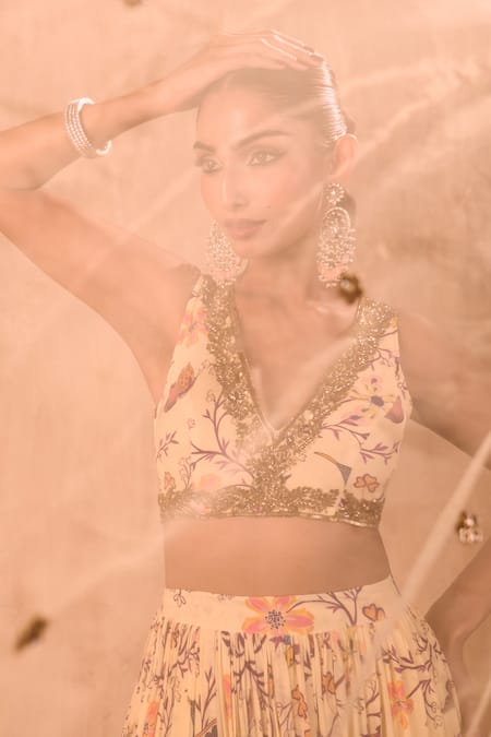 Shop_Mehak Murpana X AZA_Ivory Crepe, Net Embroidery, Zari V-neck Floral Print Layered Lehenga Set _Online_at_Aza_Fashions