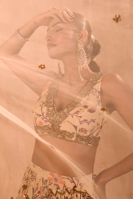 Shop_Mehak Murpana X AZA_Ivory Crepe, Net Embroidery, Zari V-neck Floral Print Layered Lehenga Set 