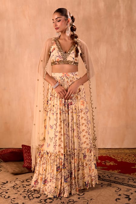 Mehak Murpana X AZA Ivory Crepe, Net Embroidery, Zari V-neck Floral Print Layered Lehenga Set 