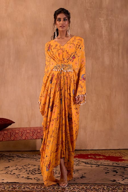 Buy_Mehak Murpana X AZA_Yellow Crepe V-neck Floral Print Draped Kaftan _Online_at_Aza_Fashions