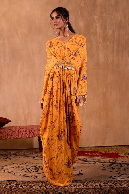 Shop_Mehak Murpana X AZA_Yellow Crepe V-neck Floral Print Draped Kaftan _Online_at_Aza_Fashions