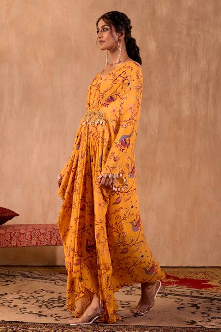 Mehak Murpana X AZA_Yellow Crepe V-neck Floral Print Draped Kaftan _at_Aza_Fashions