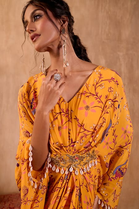 Shop_Mehak Murpana X AZA_Yellow Crepe V-neck Floral Print Draped Kaftan 