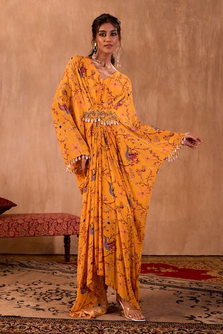 Mehak Murpana X AZA_Yellow Crepe V-neck Floral Print Draped Kaftan _Online_at_Aza_Fashions