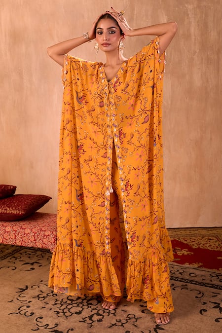 Buy_Mehak Murpana X AZA_Yellow Crepe Embroidery V-neck Floral Print Long Kaftan With Pant _Online_at_Aza_Fashions