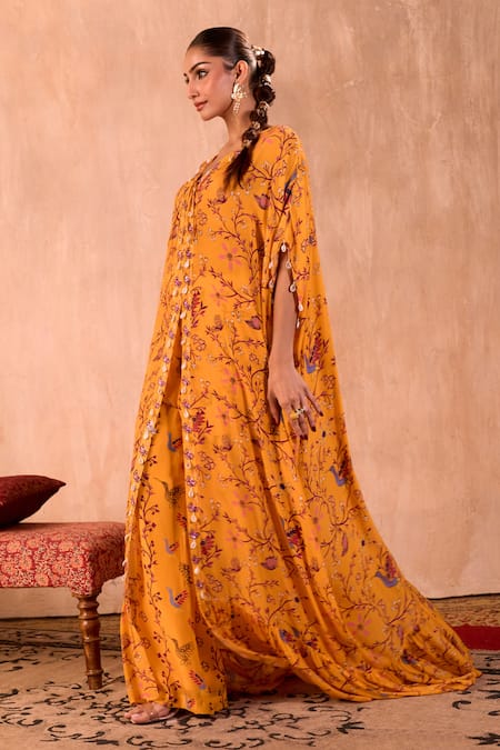 Shop_Mehak Murpana X AZA_Yellow Crepe Embroidery V-neck Floral Print Long Kaftan With Pant _Online_at_Aza_Fashions