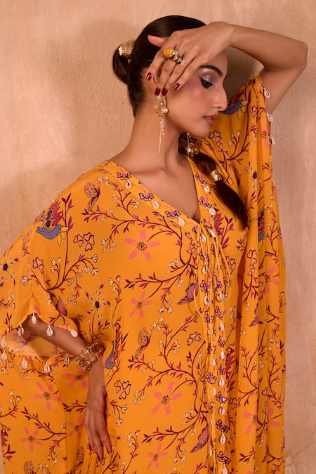 Mehak Murpana X AZA_Yellow Crepe Embroidery V-neck Floral Print Long Kaftan With Pant _at_Aza_Fashions