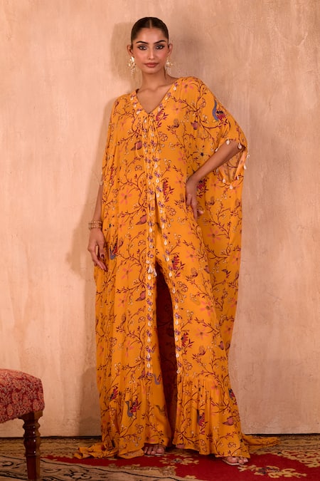 Mehak Murpana X AZA Yellow Crepe Embroidery V-neck Floral Print Long Kaftan With Pant 