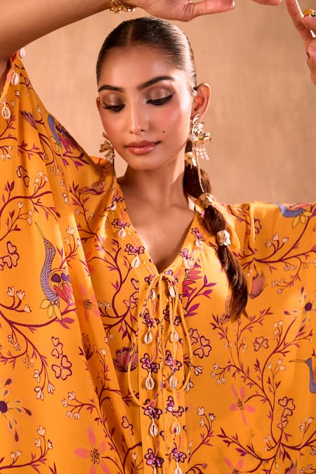 Shop_Mehak Murpana X AZA_Yellow Crepe Embroidery V-neck Floral Print Long Kaftan With Pant 