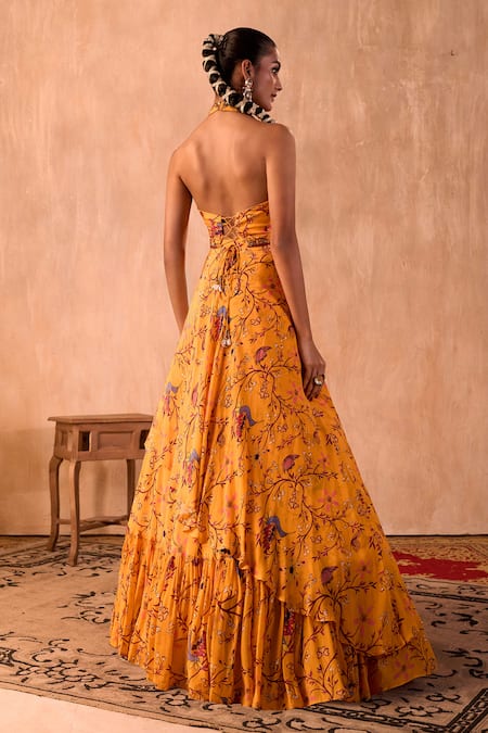 Mehak Murpana X AZA_Yellow Crepe Tassels Halter Neck Floral Print Blouse And Layered Lehenga Set _Online_at_Aza_Fashions