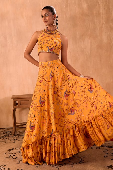 Buy_Mehak Murpana X AZA_Yellow Crepe Tassels Halter Neck Floral Print Blouse And Layered Lehenga Set _Online_at_Aza_Fashions