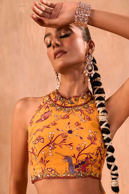 Shop_Mehak Murpana X AZA_Yellow Crepe Tassels Halter Neck Floral Print Blouse And Layered Lehenga Set _Online_at_Aza_Fashions