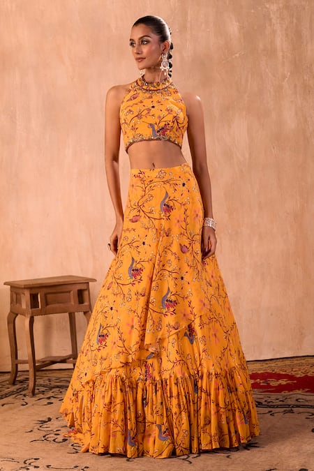 Mehak Murpana X AZA_Yellow Crepe Tassels Halter Neck Floral Print Blouse And Layered Lehenga Set _at_Aza_Fashions