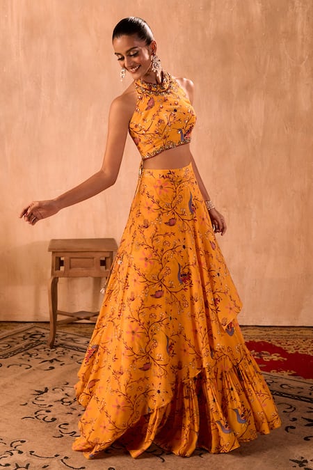 Buy_Mehak Murpana X AZA_Yellow Crepe Tassels Halter Neck Floral Print Blouse And Layered Lehenga Set 