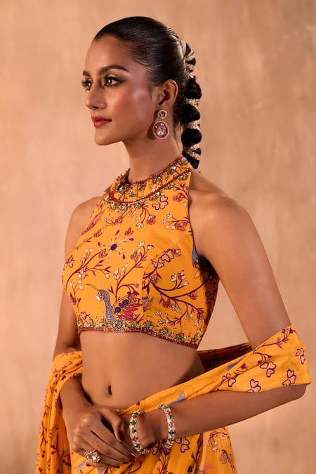Buy_Mehak Murpana X AZA_Yellow Crepe Tassels, Embroidery Halter Printed Pre-draped Saree With Blouse _Online_at_Aza_Fashions