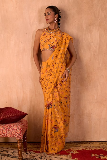 Shop_Mehak Murpana X AZA_Yellow Crepe Tassels, Embroidery Halter Printed Pre-draped Saree With Blouse _Online_at_Aza_Fashions