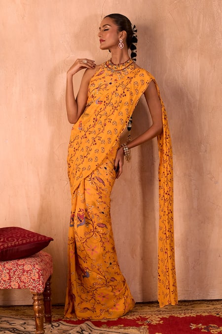 Mehak Murpana X AZA_Yellow Crepe Tassels, Embroidery Halter Printed Pre-draped Saree With Blouse _Online_at_Aza_Fashions