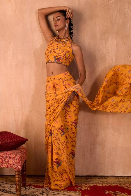 Mehak Murpana X AZA_Yellow Crepe Tassels, Embroidery Halter Printed Pre-draped Saree With Blouse _at_Aza_Fashions