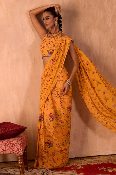 Shop_Mehak Murpana X AZA_Yellow Crepe Tassels, Embroidery Halter Printed Pre-draped Saree With Blouse 