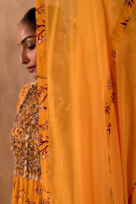 Shop_Mehak Murpana X AZA_Yellow Crepe, Georgette Embroidery Round Neck Floral Print Anarkali With Dupatta _Online_at_Aza_Fashions