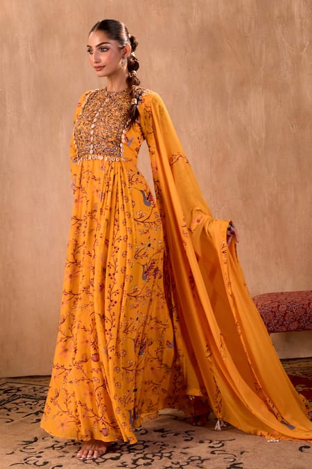Mehak Murpana X AZA_Yellow Crepe, Georgette Embroidery Round Neck Floral Print Anarkali With Dupatta _at_Aza_Fashions