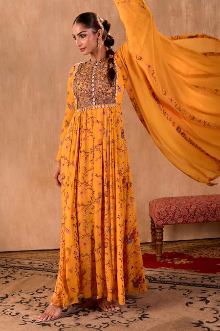 Shop_Mehak Murpana X AZA_Yellow Crepe, Georgette Embroidery Round Neck Floral Print Anarkali With Dupatta 