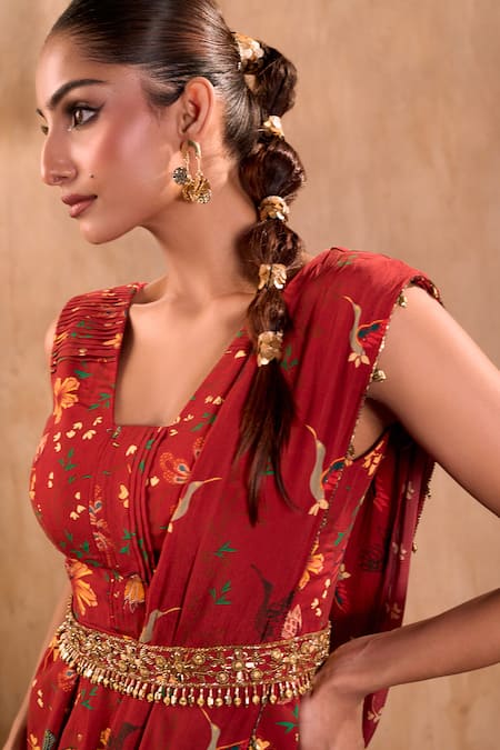Buy_Mehak Murpana X AZA_Red Crepe Embroidery, Beads, Tassels Floral Print Peplum Top And Draped Pant Set _Online_at_Aza_Fashions