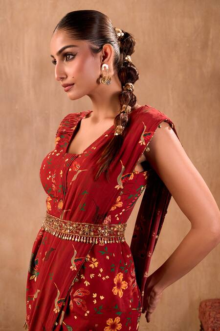 Shop_Mehak Murpana X AZA_Red Crepe Embroidery, Beads, Tassels Floral Print Peplum Top And Draped Pant Set _Online_at_Aza_Fashions