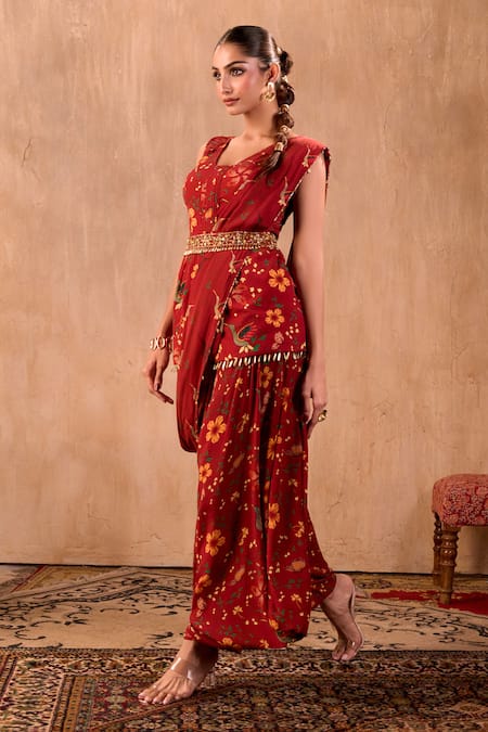 Mehak Murpana X AZA_Red Crepe Embroidery, Beads, Tassels Floral Print Peplum Top And Draped Pant Set _at_Aza_Fashions