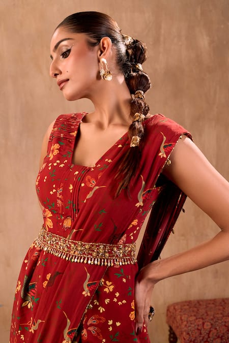 Buy_Mehak Murpana X AZA_Red Crepe Embroidery, Beads, Tassels Floral Print Peplum Top And Draped Pant Set 