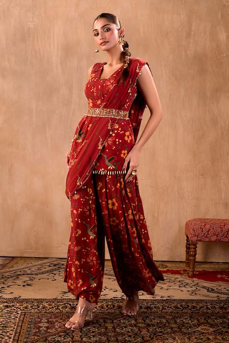Shop_Mehak Murpana X AZA_Red Crepe Embroidery, Beads, Tassels Floral Print Peplum Top And Draped Pant Set 