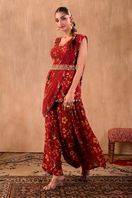 Mehak Murpana X AZA_Red Crepe Embroidery, Beads, Tassels Floral Print Peplum Top And Draped Pant Set _Online_at_Aza_Fashions