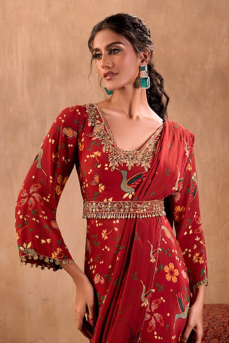 Shop_Mehak Murpana X AZA_Red Crepe Embroidery V-neck Floral Print Anarkali With Draped Dupatta _Online_at_Aza_Fashions