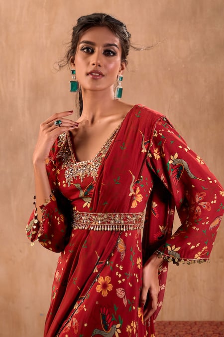 Mehak Murpana X AZA_Red Crepe Embroidery V-neck Floral Print Anarkali With Draped Dupatta _at_Aza_Fashions