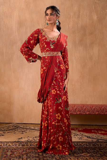 Buy_Mehak Murpana X AZA_Red Crepe Embroidery V-neck Floral Print Anarkali With Draped Dupatta 
