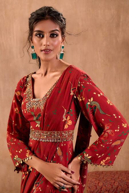 Shop_Mehak Murpana X AZA_Red Crepe Embroidery V-neck Floral Print Anarkali With Draped Dupatta 