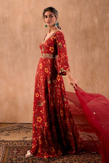 Buy Mehak Murpana X AZA Red Crepe, Georgette Embroidery V-neck Floral Print Anarkali With Dupatta Online at Aza Fashions Buy_Mehak Murpana X AZA_Red Crepe, Georgette Embroidery V-neck Floral Print Anarkali With Dupatta _Online_at_Aza_Fashions