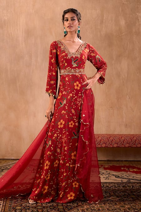 Mehak Murpana X AZA Red Crepe, Georgette Embroidery V-neck Floral Print Anarkali With Dupatta