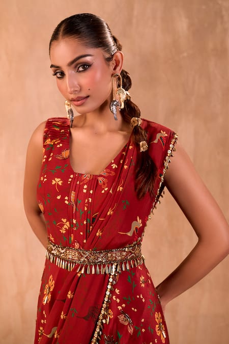 Shop_Mehak Murpana X AZA_Red Crepe Embroidery Square Neck Floral Print Jumpsuit With Draped Dupatta _Online_at_Aza_Fashions