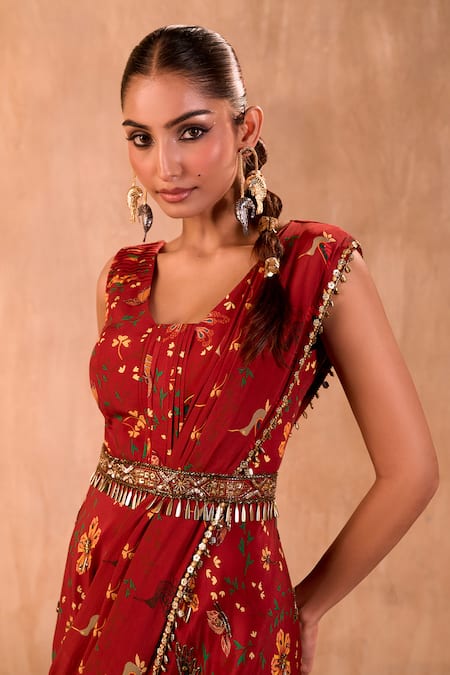 Mehak Murpana X AZA_Red Crepe Embroidery Square Neck Floral Print Jumpsuit With Draped Dupatta _at_Aza_Fashions