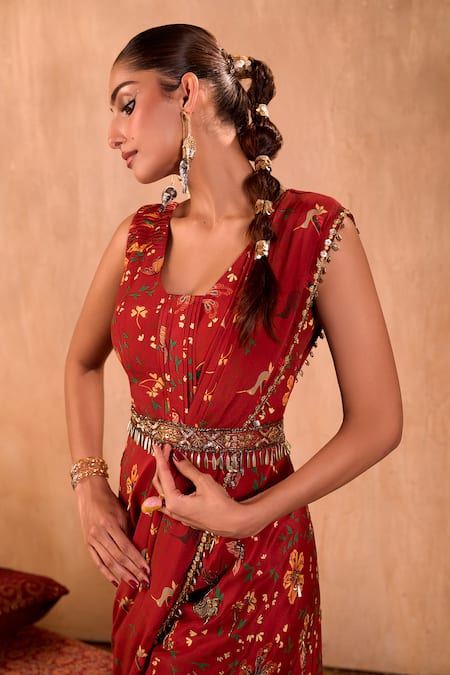 Buy_Mehak Murpana X AZA_Red Crepe Embroidery Square Neck Floral Print Jumpsuit With Draped Dupatta 