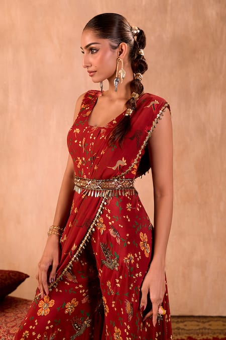 Shop_Mehak Murpana X AZA_Red Crepe Embroidery Square Neck Floral Print Jumpsuit With Draped Dupatta 